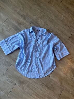 Zara Striped Poplin Shirt with Wide Sleeves Size Medium Viscose & Linen